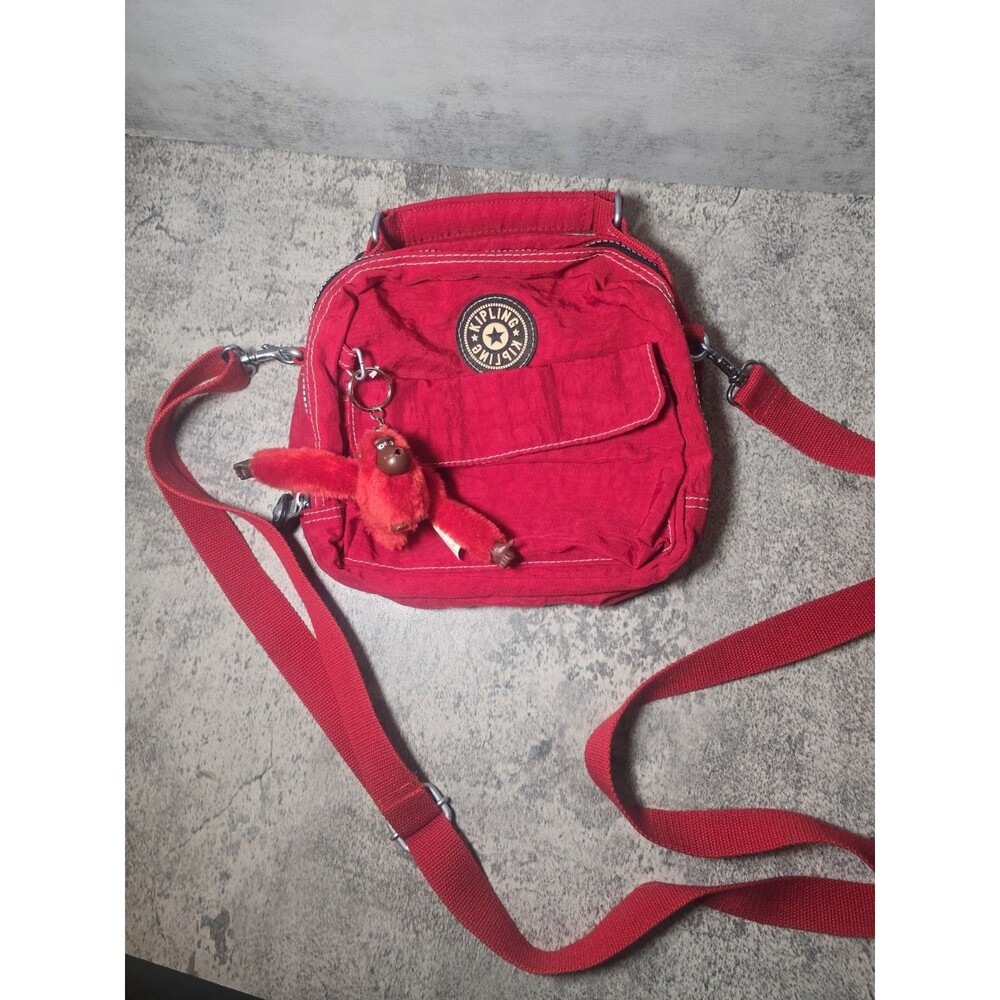 Vintage Kipling Red Nylon Crossbody Bag Top Handle Multi Pocket 8x7x3 Bag Charm